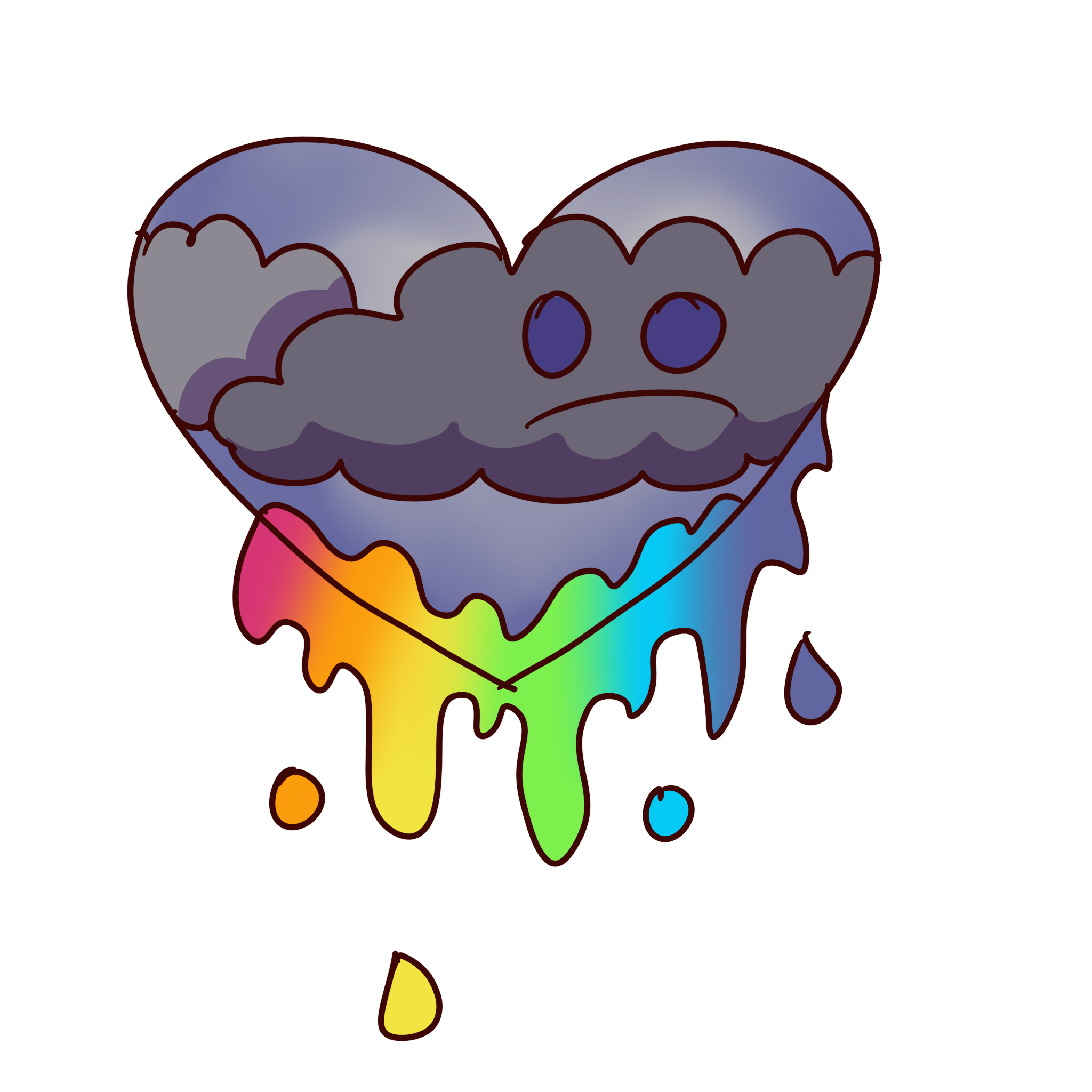 a grey heart with sad clouds in it leaking rainbows